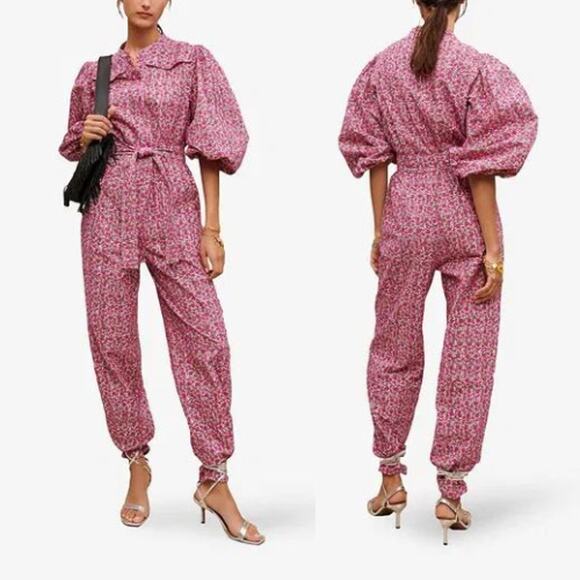 Maje Pants - Maje Paicy Floral-Print Balloon-Sleeve Jumpsuit Tie Waist Embroidered Eyelet NWT
